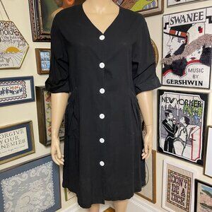 80s Vintage Brownstone Studio Black Button-Down Tunic Dress W/ Pockets Size 2X